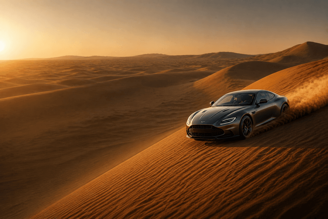 Luxury car driving through the Dubai desert at golden hour